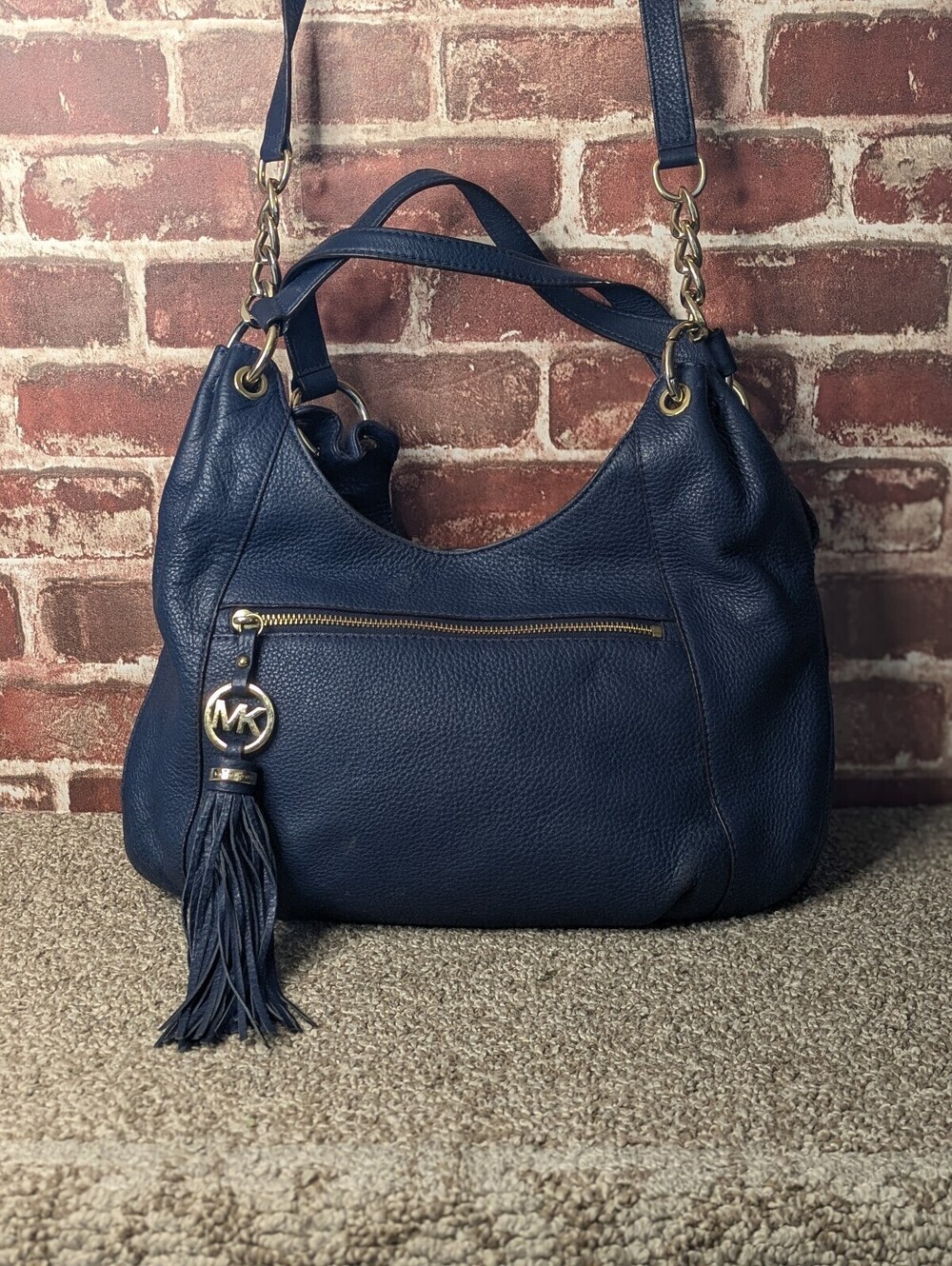 Michael Kors Fulton Hobo Shoulder Bag Navy Blue Pebbled Leather Gold Hardware